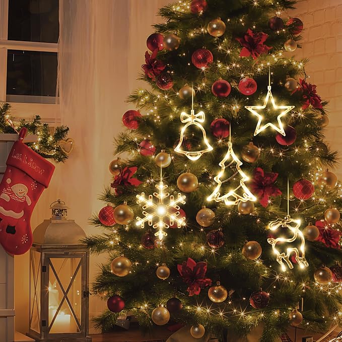 5Pack Christmas Window Lights Decorations with Timer,Battery Powered Christmas Hanging Warm White Lighted Snowflake Tree Star Deer Bells Shaped LED Sucker for Xmas Fireplace Indoor Decor