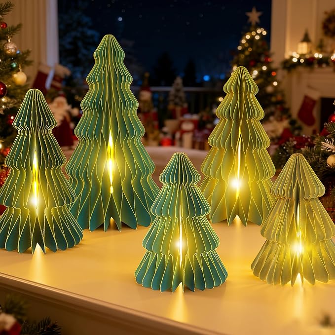 5Pcs Christmas Honeycomb Table Decorations Indoor, Lighted 3D Honeycomb Paper Christmas Trees, Vintage Green Table Centerpieces for Xmas Frozen Winter Holiday Party Home Decor, 8/10/12 Inch