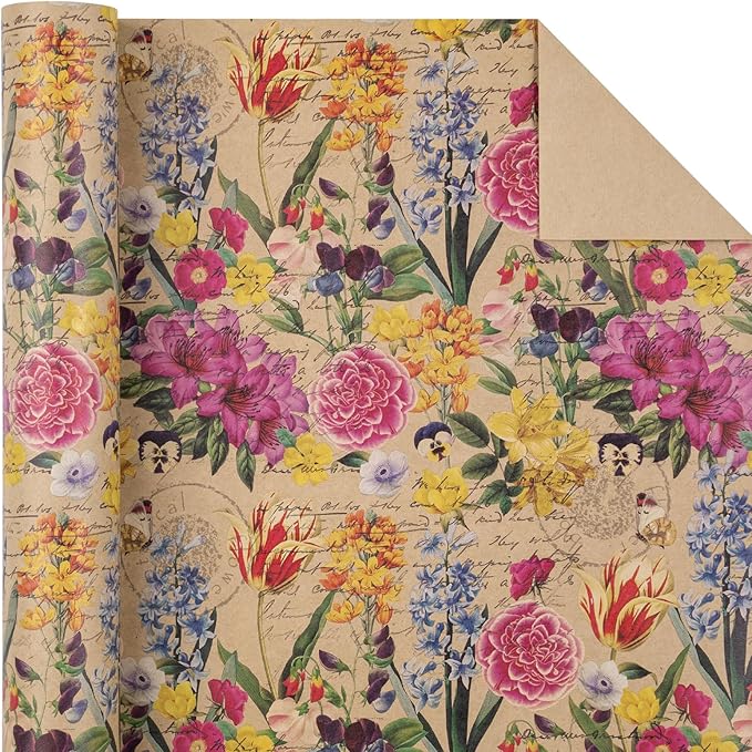 WRAPAHOLIC Kraft Floral Wrapping Paper Roll - Mini Roll - 17 Inch x 9.8 Feet - All Occasion Vintage Flower Wrapping Paper for Wedding Bridal Shower Birthday