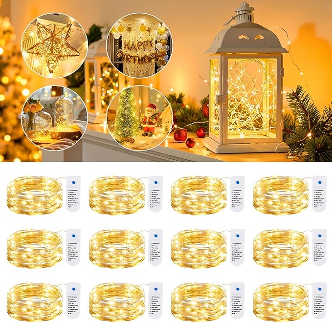 Minetom 12 Pack Fairy Lights Battery Operated String Lights, 8 Modes & Timer, 7ft 20LED Waterproof Silver Wire Twinkle Lights, Firefly Starry Moon Lights for Mason Jars DIY Christmas Wedding Party