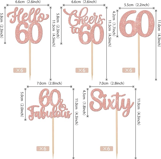 30PCS Happy 60th Birthday Cupcake Toppers Glitter Hello 60 Fabulous Sixty Cheers to 60 Years Old Birthday Cupcake Picks for Happy 60th Birthday Anniversary Party Cake Decorations Supplies Rose Gold