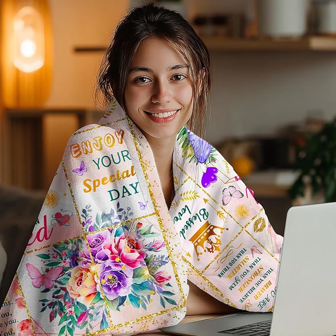 Happy Birthday Gifts for Women, Super Soft Funny Purple Butterfly Flower Bday Decorations Blanket 60"x50" for Women Mom, Birthday Gifts for Girls, Warm Plush Fleece Flannel Blanket for Couch Bedding