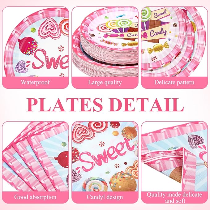 250 Pcs Candyland Party Decorations Sweet Candy Lollipop Paper Plates Cups and Napkins Disposable Halloween Sweet Candy Themed Tableware Set for Baby Shower Birthday Party Supplies Serves 50