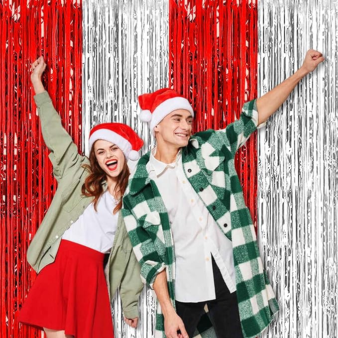 6 Pack Red and Silver Foil Fringe Curtains Backdrop, 3.28 x 9.8 Ft Metallic Streamers Tinsel Curtains Background for Photo Booth, Birthday, Halloween, Christmas, New Year Party Decorations
