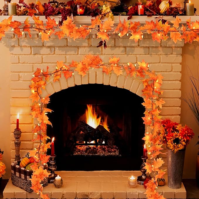 GAGALIFE Thanksgiving Decorations Fall Garland with Lights, 50 Warm Bulbs with Mini Pumpkins - 11FT Connectable Fall Lights Outdoor & Indoor, Realistic Maple Leaf String Lights for Fall Decor