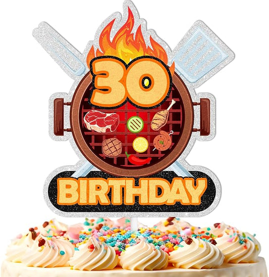 Barbecue Cake Topper 30th Birthday Happy BBQ Sausage Decorations for Men and Women Birthday Party, Summer Outdoor Picnic Party, Anniversary Friends Family Event Gathering Cooking Grill Decoration