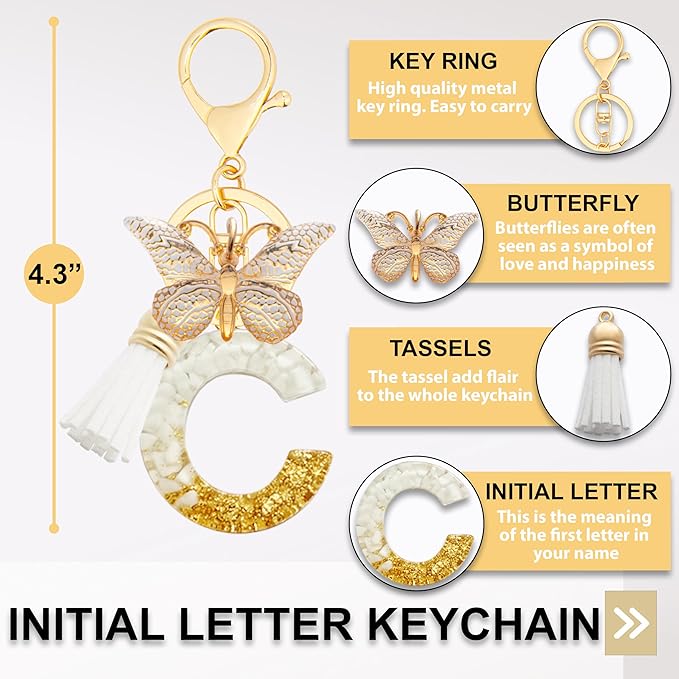Initial Letter Keychain, Butterfly Keychain Cute Resin, Initial Keychain Backpack Charms, Key chain for Women, Girls