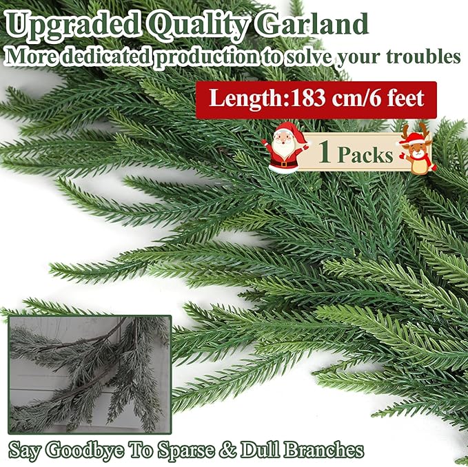 6FT Norfolk Pine Garlands for Decoration, Real Touch Christmas Greenery Garland for Staircase, Mantel, Fireplace, Wall, Home Holiday Outdoor Indoor Christmas Decorations, Easy to Shape, 1P