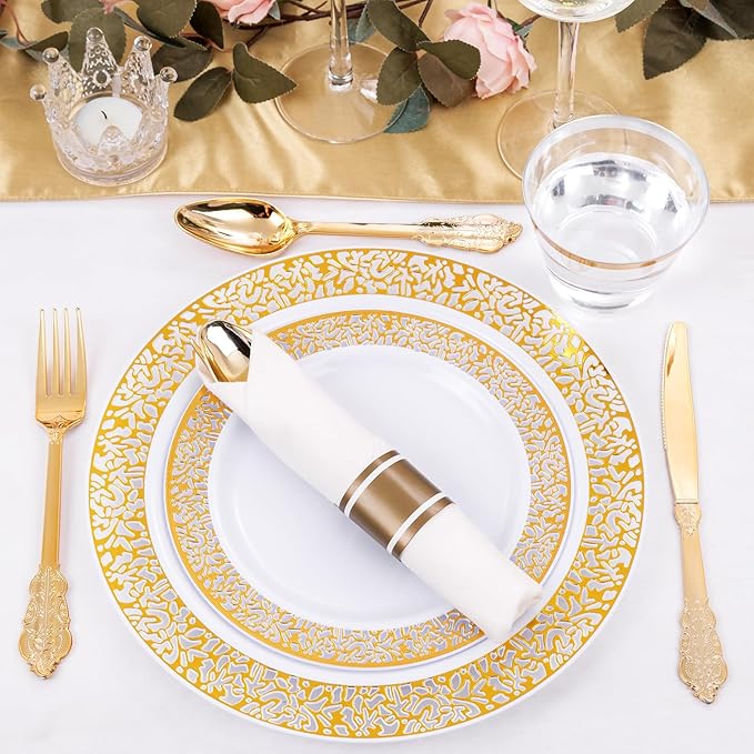 DaYammi 210 PCS Thanksgiving Gold Plastic Plates, Thanksgiving Plastic Dinnerware Sets, Includes: 30 Dinner Plates, 30 Salad Plates, 30 Pre Rolled Napkins with Gold Silverware and 30 Cups 9 OZ