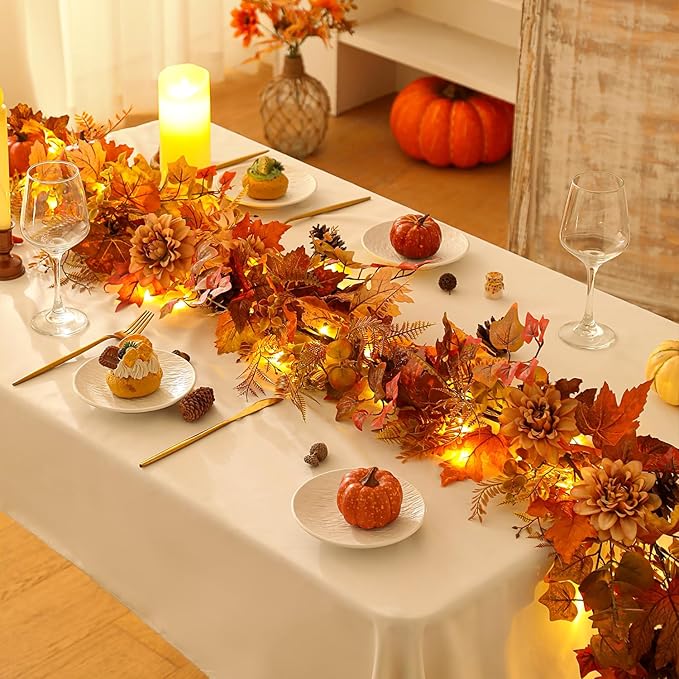 Fall Decor,6 FT Fall Garland for Mantel,Table Centerpiece, Home Porch Fireplace,Door, Lighted Autumn Decoration with Maple Leaves, Pumpkins,Flowers, Pinecones for Thanksgiving, Christmas