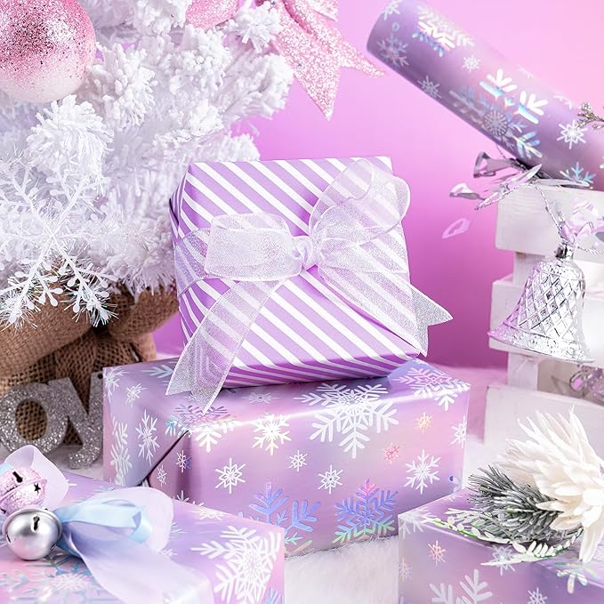 RUSPEPA Christmas Reversible Wrapping Paper Roll for Girls, Mini Roll, Colorful Foil Pastel Snowflake Design and Purple Stripes Dreamy Gift Wrap for Christmas Gifts, Holiday, 17 Inches x 32.8 Feet