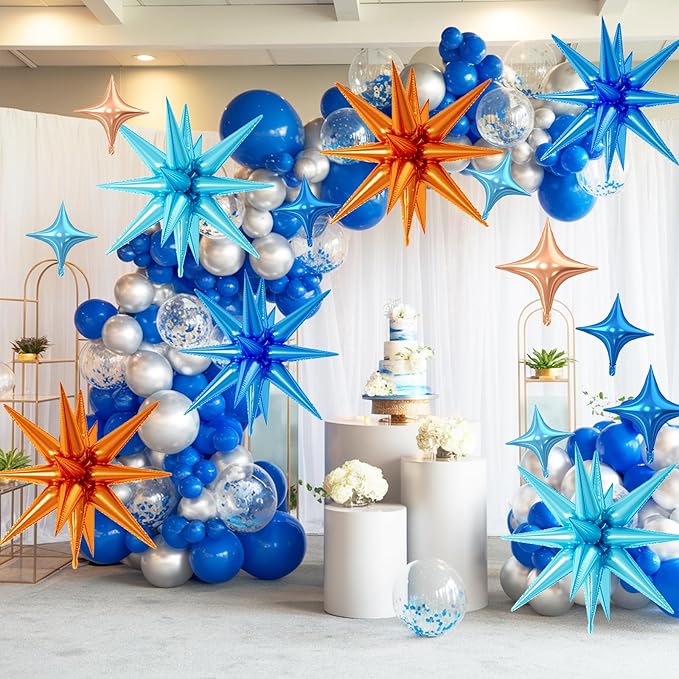 18 Pcs Blue and Orange Star Balloons, Orange and Blue Stars Foil Balloon with 6 Pcs 22-Inch Explosion Star Balloons 12Pcs 10-Inch Four Pointed Stars Balloon for Kids Birthday Party Decoration