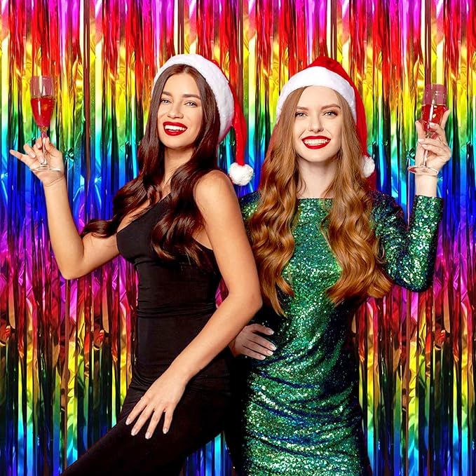 6 Pack Rainbow Foil Fringe Curtains Backdrop, 3.28 x 9.8 Ft Metallic Streamers Tinsel Curtains Background for Photo Booth, Birthday, Halloween, Christmas, Thanksgiving, New Year Party Decorations