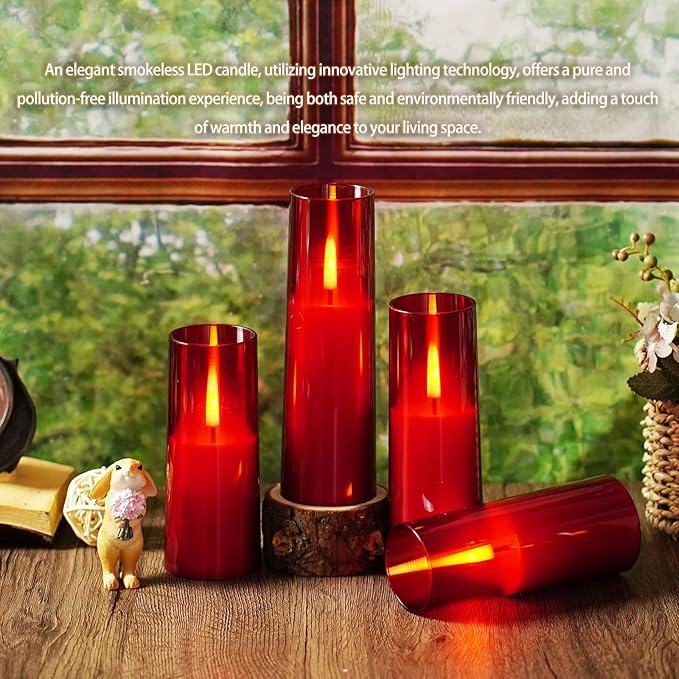 Flameless LED Candles, Upgraded Realistic 9 Pcs Flickering Flame Pillar Candles, Battery Operated Candles with Remote Timer, for Romantic Ambiance and Home Decoration (Red)
