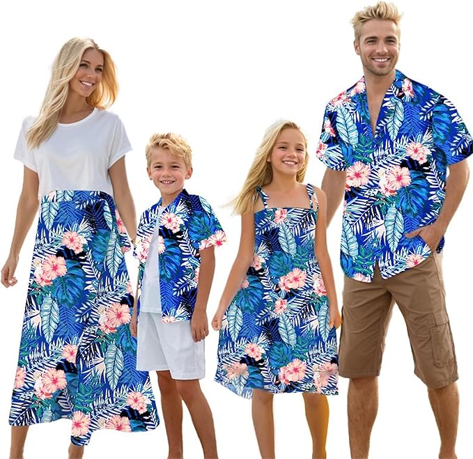 Cromoncent Matching Hawaiian Outfits for Family, Dad and Son Matching Luau Beach Tropical Shirts Mommy Daughter Tropical Sets