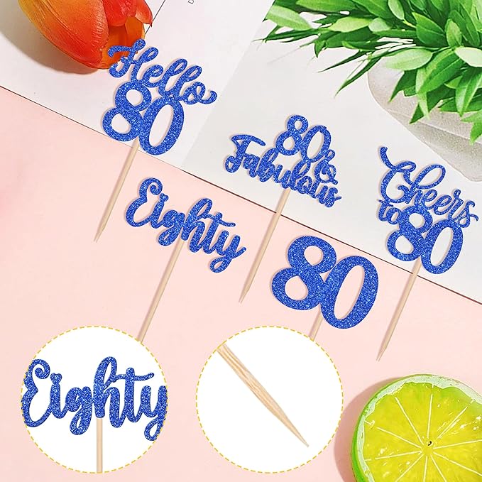 30PCS Happy 80th Birthday Cupcake Toppers Glitter Eighty Cheers to 80 Years Old Birthday Cupcake Picks Hello 80 Fabulous Cake Decorations for Happy 80th Birthday Anniversary Party Supplies Blue
