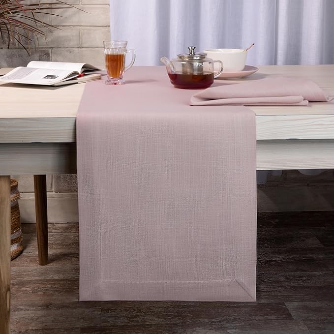 D'Moksha Homes Beige Table Runner 14 x 120 Inch - Faux Linen Dining Table Runner 120 Inches Long - Wrinkle Resistant, Machine Washable for Fall, Thanksgiving, Holiday - 100% Recycled Fabric