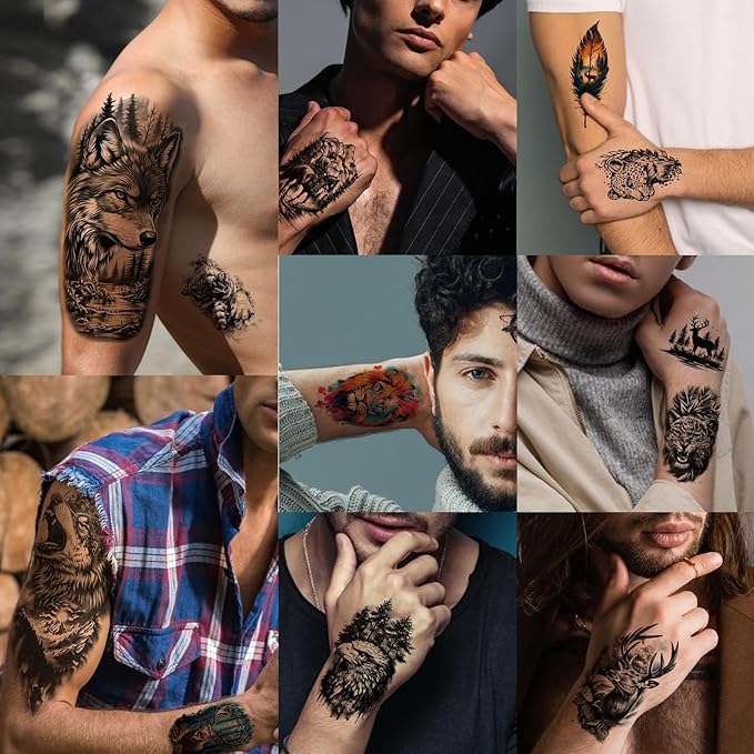 77 Sheets Forest Animals Temporary Tattoo for Women Men, 17 Sheets Half Arm Large Lion Tiger Wolf Fake Tattoos, 60 Sheets Black Skull Owl Bear Tiny for Adult Kids Body Tattoos Stickers Realistic
