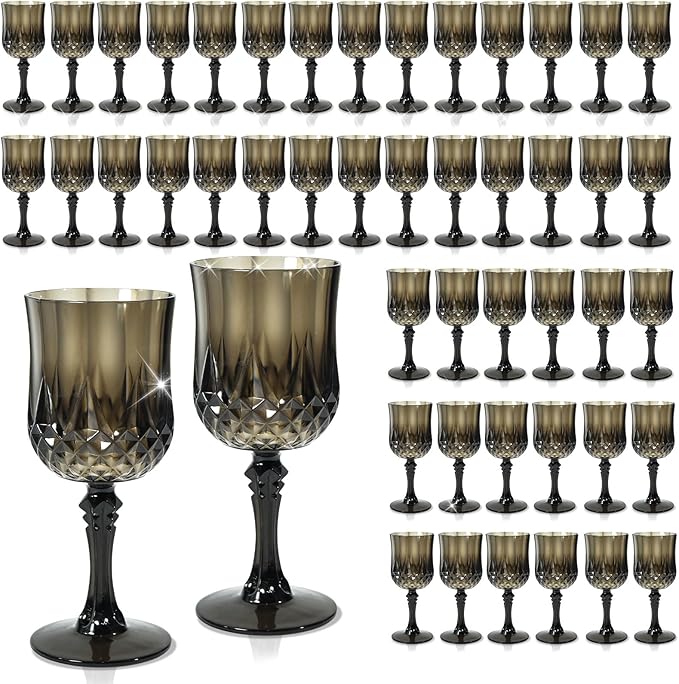 48 Pcs Black Wine Glasses, Plastic Goblets Vintage Style Cordial Drinking Glasses, Vintage Black Drinking Glasses Champagne Glassware for Wedding Reception Grand Event Party, 7Oz