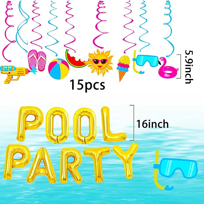 Summer Pool Beach Hanging Swirls 15 Pack Foil Ceiling Hanging Swirls Pool Party Balloons Swimming Pool Party Favors Beach Party Banner Beach Party Balloons
