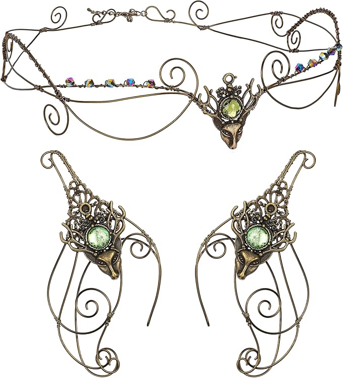 Renaissance Fairy Tale Costume Set - Elf Ear Cuff Earrings Decorative Medieval Fairy Winding Tiara Crown for Cosplay