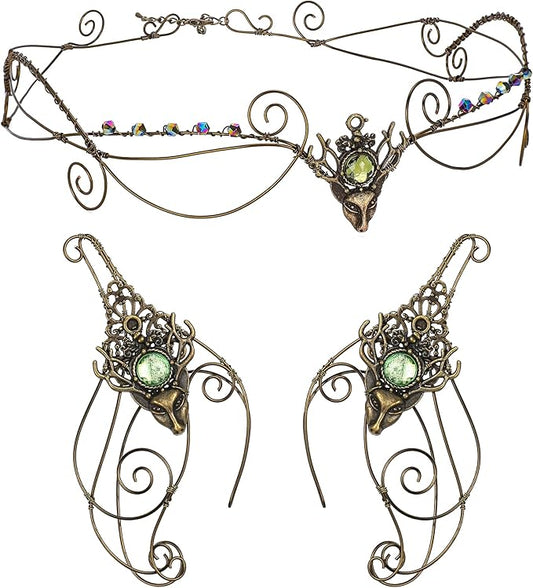 Renaissance Fairy Tale Costume Set - Elf Ear Cuff Earrings Decorative Medieval Fairy Winding Tiara Crown for Cosplay