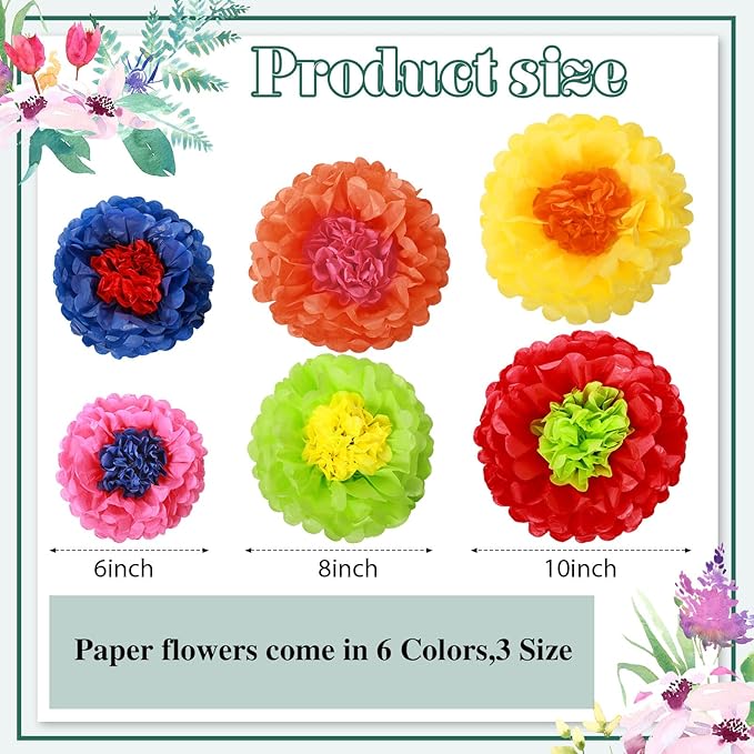 Tallew 18 Pieces Mexican Paper Tissue Flowers Colorful Fiesta Paper Flowers for Mexican Spring Floral Party Backdrop Baby Shower Wedding Birthday Party Craft for Wall