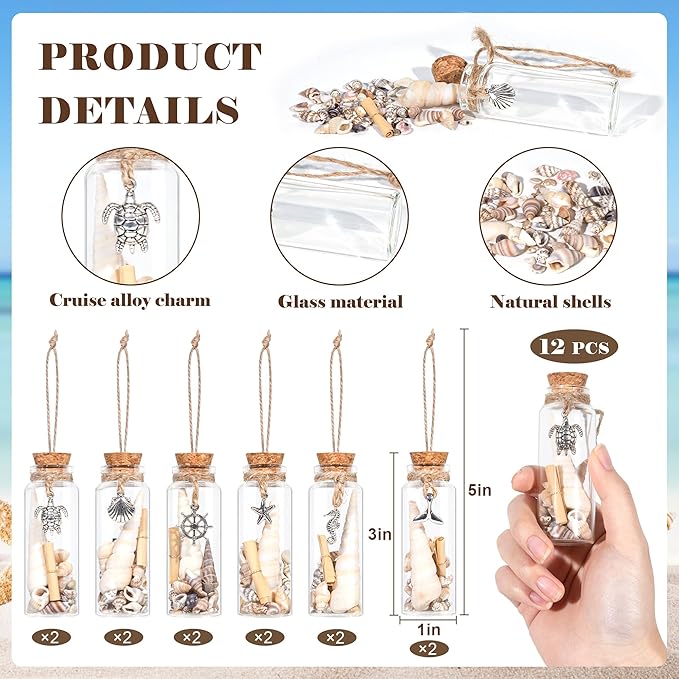 12Pcs Coastal Christmas Ornaments Set -Beach Shells Glass Bottles Keepsake with Mini Scrolls, for Home Christmas Tree Hanging Ornaments, Beachy Coastal Nautical Decor, Wedding Baby Shower Party Favors