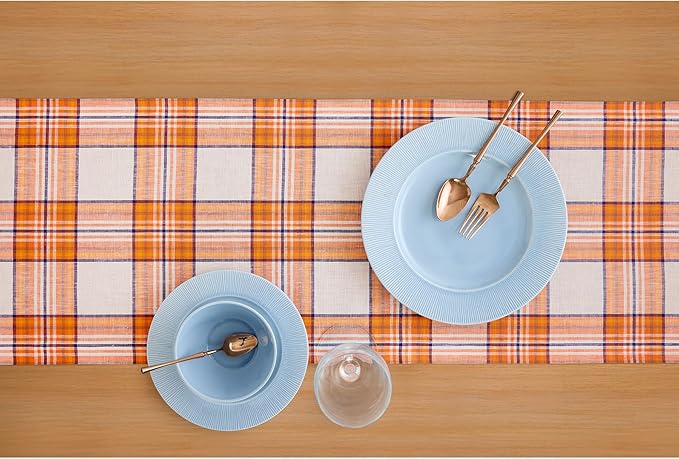 Solino Home Fall Table Runner 108 Inches Long - 100% Pure Linen Orange Tartan Plaid Table Runner 14 x 108 Inch for Dining, Autumn, Thanksgiving
