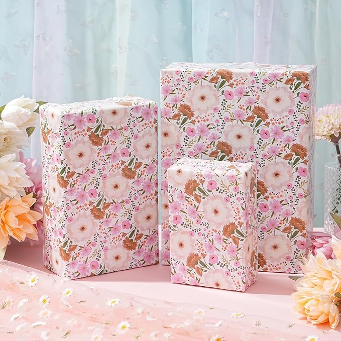ZINTBIAL White and Pink Floral Wrapping Paper Roll for Wedding, Bridal Shower, Birthday - Peonies and Daisies Design, 17x16.5 Feet with Cut Lines, Gift Wrap for Mother's Day
