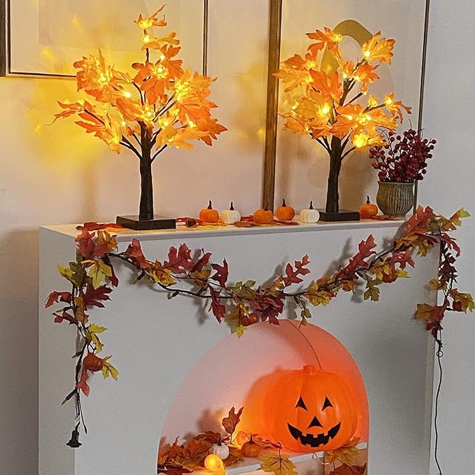 Fall Decorations Artificial Fall Lighted Maple Tree,Total 48 LED Battery/USB Operated Pumpkins Maple Acorn Tree for Table Fireplace Harvest Home Indoor Thanksgiving Decor (2)
