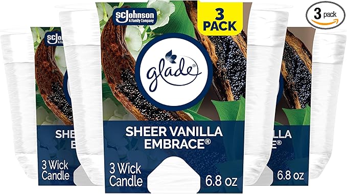 Glade Sheer Vanilla Embrace 3-Wick Fragrance Candle, Essential Oil Infused, Air Freshener, 6.8 Oz, 3 Count