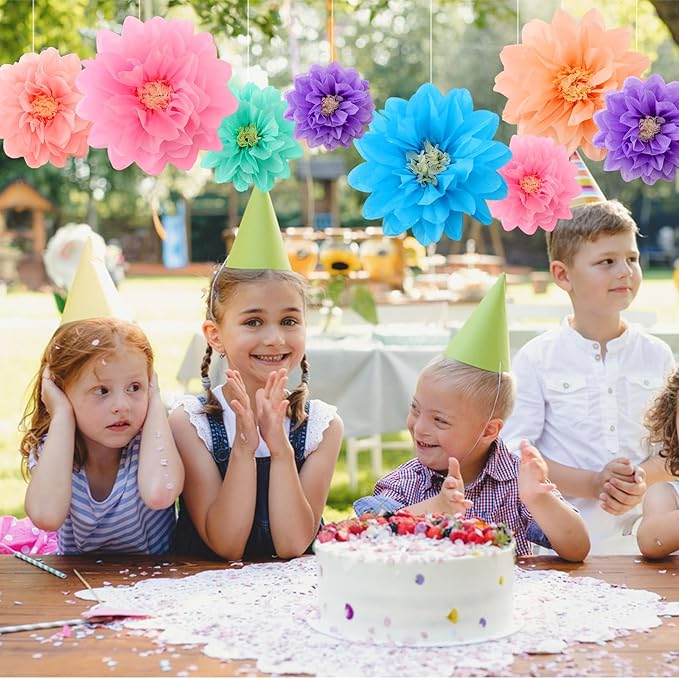 Geyee 18 Pcs Mexican Paper Flowers Colorful Fiesta Tissue Paper Flowers Pom Poms Mexican Carnival for Floral Party Backdrop Wedding Birthday Party Craft, 6" 8" 10"(Colorful)