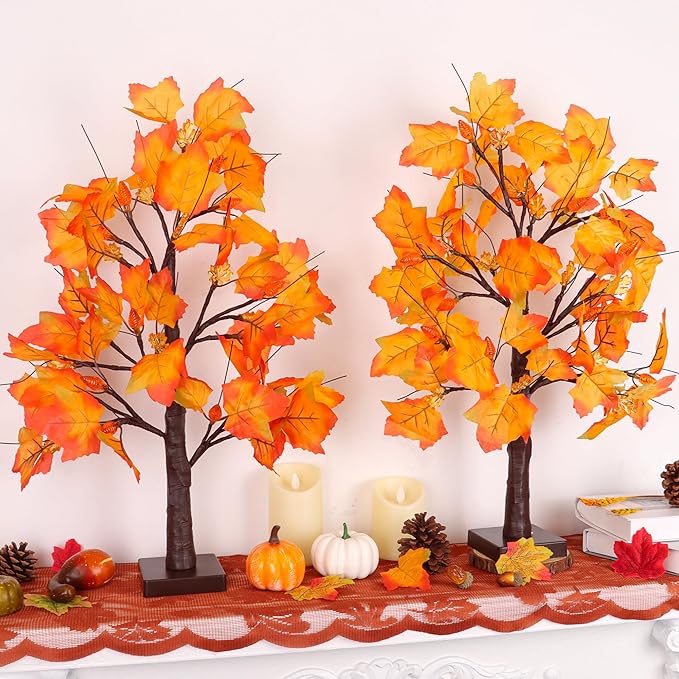 2 Pack 24 Inch Artificial Lighted Fall Maple Tree Thanksgiving Decorations with 48 LEDs Battery Operated Timer Prelit Acorn Maple Tree Lights for Thanksgiving Table Decor Home Indoor Autumn Harvest