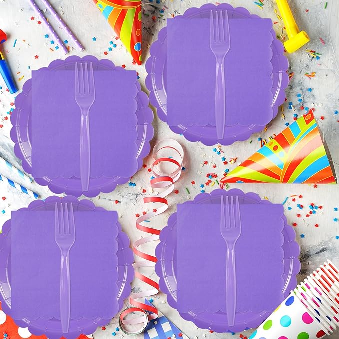 96PCS Lavender Paper Plates and Napkins, 24 Guest Light Purple Disposable Tableware Set Include Scalloped Paper Plates Napkins and Forks Decoration Party Supplies for Birthday Wedding Baby Shower