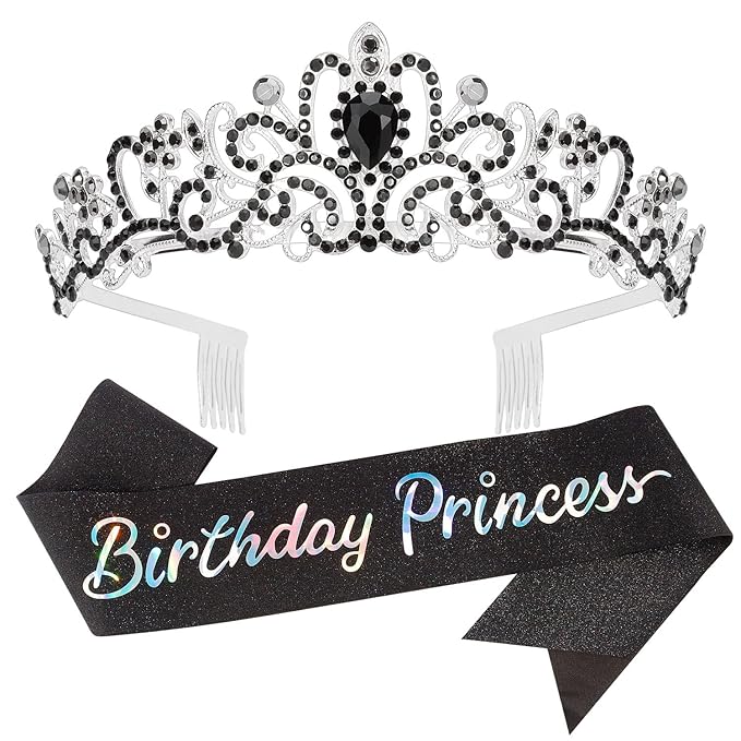 Velscrun Princess Crown, Tiaras for Girls, Black Birthday Princess Sash for Girls, Birthday Girl Crown, Birthday Accessories for Girls, Princess Birthday Decorations, Princess Birthday Party Supplies