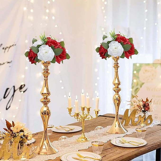 Artificial Flowers Ball 4 Pcs Red White Flowers Wedding Table Centerpiece Table Decorations Flower Arrangement for Table Flowers centerpieces Wedding Flowers Wedding centerpieces