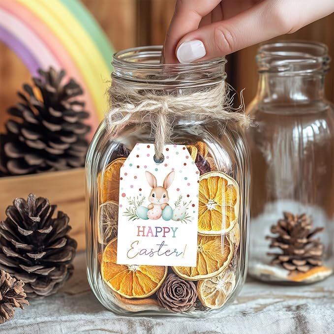Easter Gift Tags, 50PCS Happy Easter Bunny Tags, Cute Pastel Egg Gift Tags with String, 2.2"x3.3" Paper Tags for Easter Basket, Holiday Party Favors, DIY Gift Wrapping