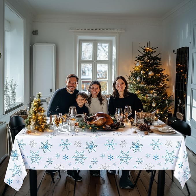 Mornajina 4 Pack 108 x 54 Inch Plastic Snowflake Tablecloths - Rectangle Disposable Xmas Tablecloths for Christmas Party Decoration