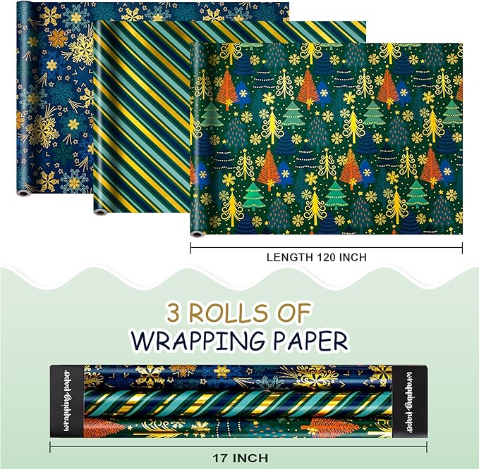 MAYPLUSS Christmas Wrapping Paper - 17 In x 120 In Per Roll - Vintage Navy Snowflake, Emeraled Green Chritmas Tree & Gold Stripe Design Holiday Gift Wrap w/Metallic Foil Shine for Festive Celebration