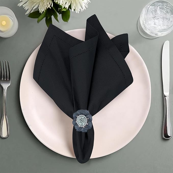 Ruvanti Premium Linen Napkins Set of 4-20x20 Inch, Classic Hemstitch, Mitered Corner Cloth Napkins‎‎ - Soft, Elegant Dinner Napkins Cloth Washable for Weddings, Parties, Everyday Use - Black