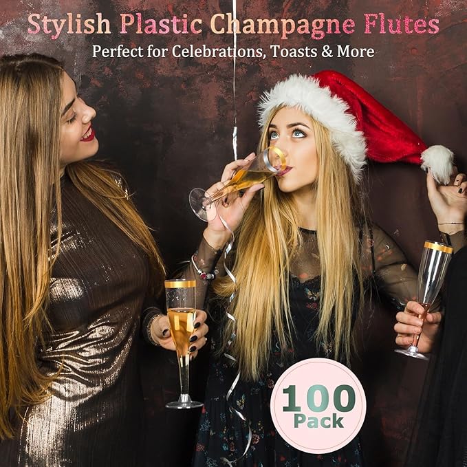 100 Pack Plastic Champagne Flutes Gold Rim Disposable Champagne Glasses, 4.5 Oz Mimosa Glasses Bulk Cocktail Toasting Cups for Party Supplies Wedding Bride Bar, Copas De Plastico Para Brindis