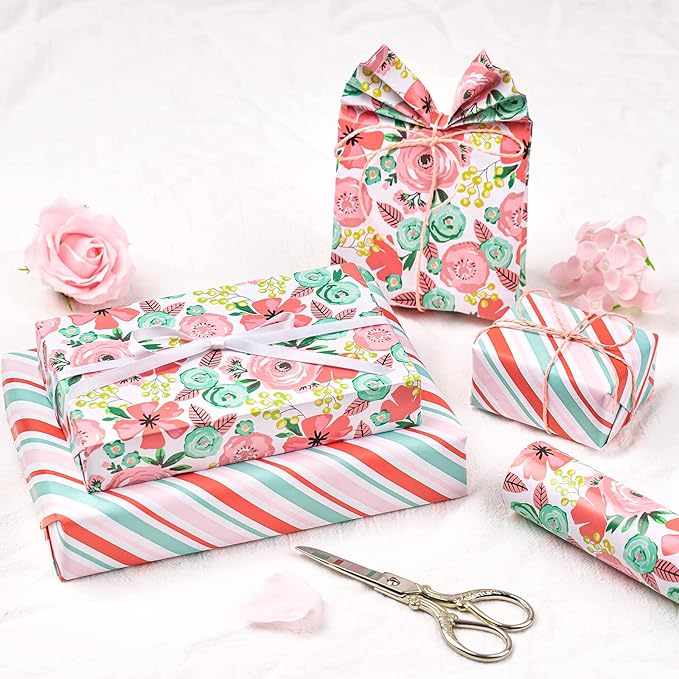 WRAPAHOLIC Reversible Floral Wrapping Paper - Mini Roll - 17 Inch X 33 Feet - Peach Pink Floral Design for Birthday, Mother's Day, Wedding, Baby Shower