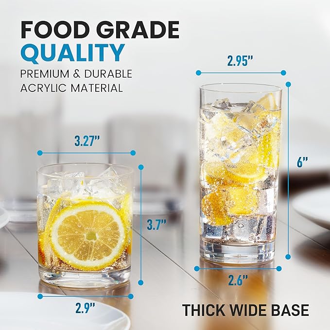 Zulay Kitchen Acrylic Plastic Glasses Drinkware - 8 Piece Unbreakable Drinking Glasses - BPA-Free, Reusable Plastic Tumblers for Home & Outdoors - Stackable, Lead-Free & Dishwasher Safe - (12&16oz)