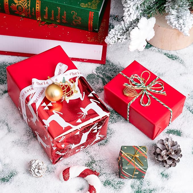 WRAPAHOLIC Reversible Red Christmas Wrapping Paper - Mini Roll - 17 Inch x 33 Feet - Reindeer Wrapping Paper and Solid Red Design with Metallic Foil Shine for Christmas, Holiday, Party