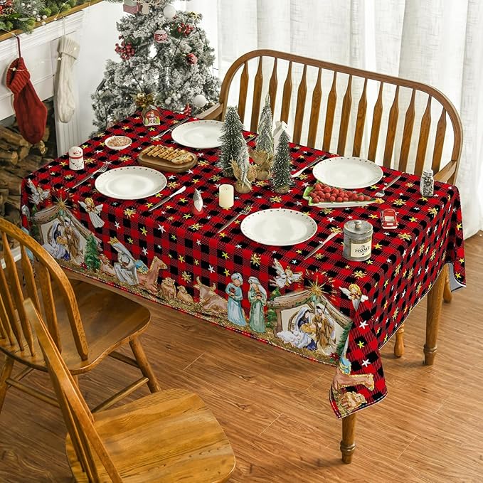 Horaldaily Christmas Tablecloth 60×140 Inch, Holy Nativity Red Buffalo Plaid Washable Table Cover for Party Picnic Dinner Decor