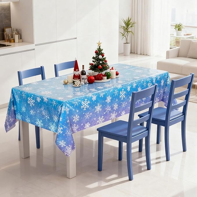 Mornajina 4 Packs 108 x 54 Inch Snowflake Tablecloth Merry Christmas Party Tablecloth Decorations Disposable Rectangle Plastic Snowflake Table Cloth (Blue)