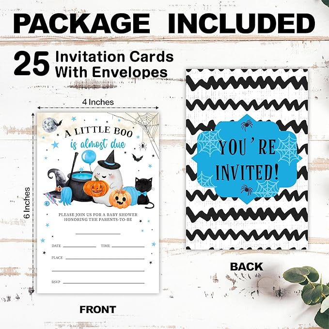25 Halloween Baby Shower Invitation Cards, A Little Boo Is Almost Due, Adorable Halloween Elements Invites With Envelopes, Gender Reveal, Baby Announcement Party Favor & Supplies (Blue A09)
