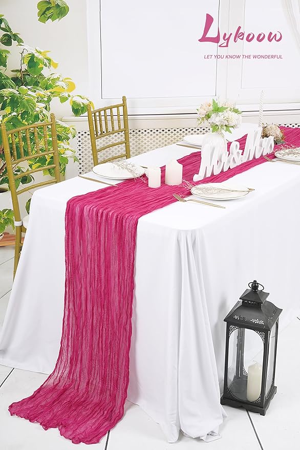 10 Packs Cheesecloth Table Runner Hot Pink, 10Ft x 35" Rose Red Rustic Gauze Boho Wedding Table Runner Decoration, Wedding Table Decor Table Cloth for Wedding Party Bridal Shower Table