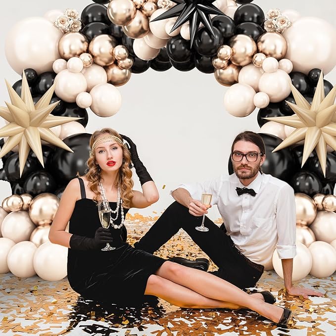 Black Gold Balloon Arch Kit,Sand White Balloon Garland with Star Foil Balloons Metallic Champagne Gold Balloons for Birthday Baby Showers Boho Wedding Party Decorations